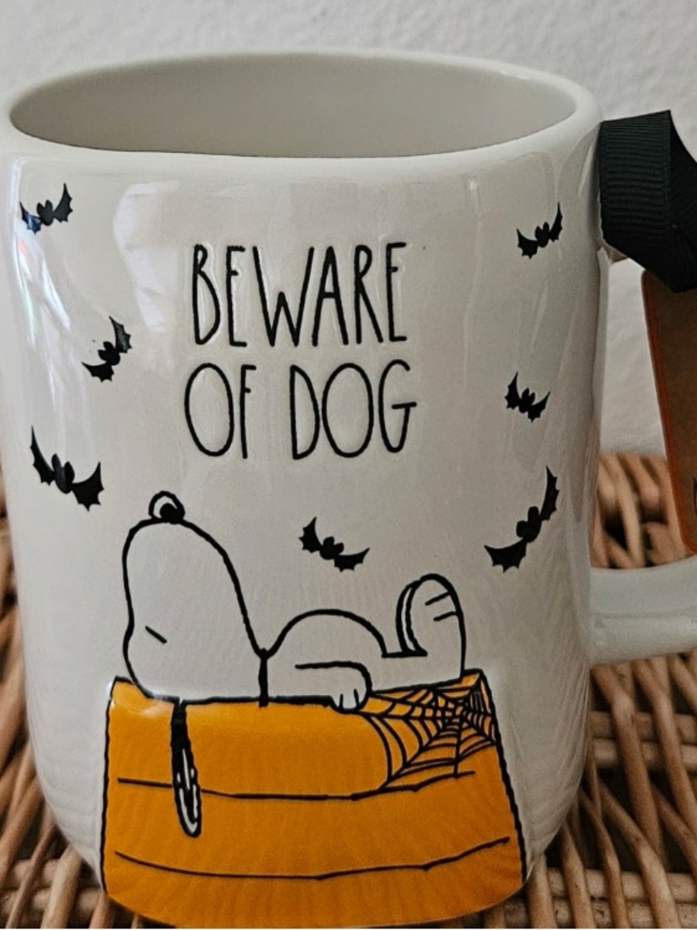White Ceramic 'Beware of Dog' Halloween Mug with Orange Accent